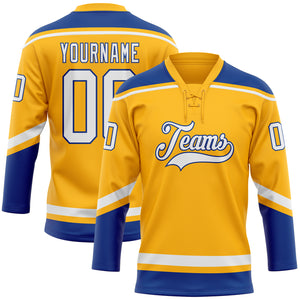 Custom Gold White-Royal Hockey Lace Neck Jersey