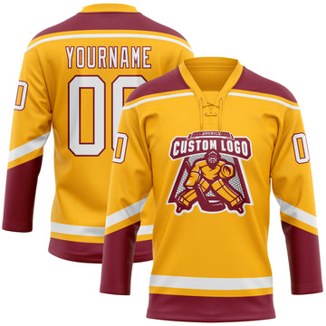 Custom Gold White-Crimson Hockey Lace Neck Jersey