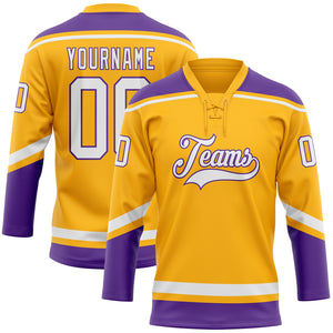 Custom Gold White-Purple Hockey Lace Neck Jersey