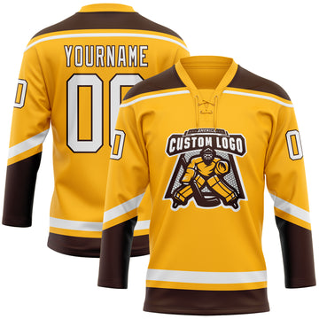 Custom Gold White-Brown Hockey Lace Neck Jersey