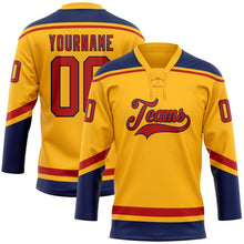 Load image into Gallery viewer, Custom Gold Red-Navy Hockey Lace Neck Jersey
