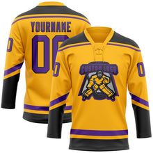 Load image into Gallery viewer, Custom Gold Purple-Black Hockey Lace Neck Jersey
