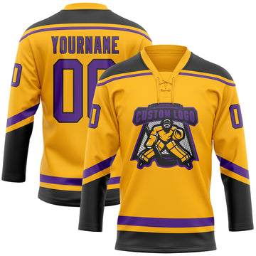 Custom Gold Purple-Black Hockey Lace Neck Jersey