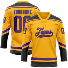 Load image into Gallery viewer, Custom Gold Purple-Black Hockey Lace Neck Jersey
