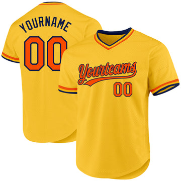 Custom Gold Orange-Navy Authentic Throwback Baseball Jersey