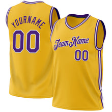 Load image into Gallery viewer, Custom Gold Purple-White Authentic Throwback Basketball Jersey
