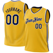 Load image into Gallery viewer, Custom Gold Navy-White Authentic Throwback Basketball Jersey
