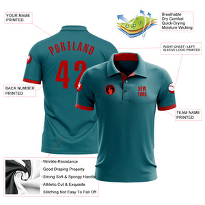 Custom Teal Red Performance Golf Polo Shirt