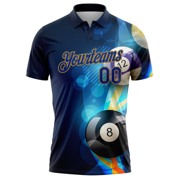 Custom Navy Royal-Old Gold 3D Pattern Design Billiards Performance Golf Polo Shirt