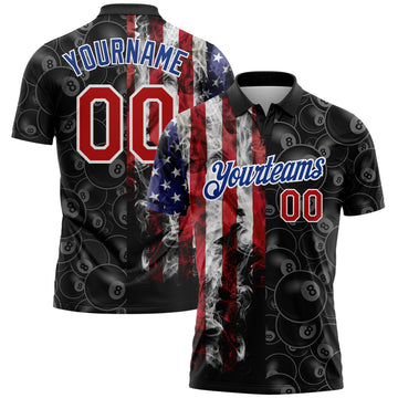 Custom Black Red-Royal 3D Pattern Design Billiards Snooker 8 Ball American Flag Performance Golf Polo Shirt