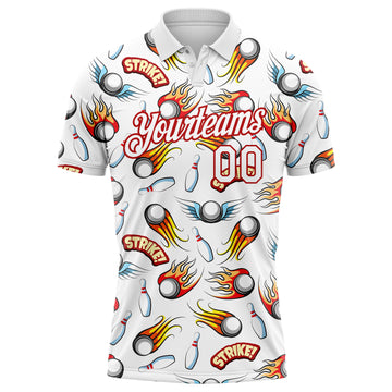 Custom White Red 3D Pattern Design Firely Bowling Performance Golf Polo Shirt