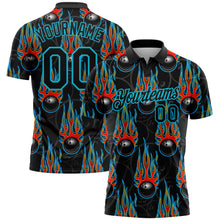Load image into Gallery viewer, Custom Black Lakes Blue 3D Pattern Design Bowling Ball With Hotrod Flame Performance Polo Shirt
