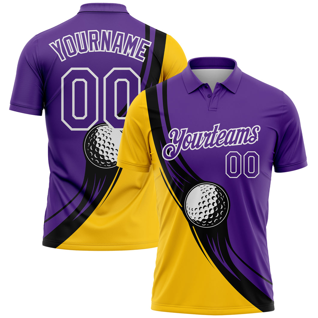 Custom Purple Yellow-Black 3D Pattern Design Golf Ball Performance Golf Polo Shirt