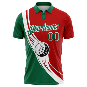 Custom Red Kelly Green-White 3D Pattern Design Golf Ball Performance Golf Polo Shirt