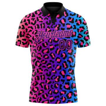 Custom Pink Purple-Black 3D Pattern Design Leopard Print Performance Golf Polo Shirt