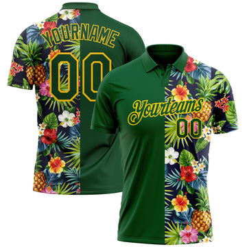 Custom Green Yellow 3D Pattern Design Tropical Pattern With Pineapples Palm Leaves And Flowers Performance Golf Polo Shirt