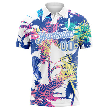 Custom White Light Blue 3D Pattern Design Hawaii Palm Trees Performance Golf Polo Shirt