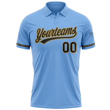 Custom Light Blue Black-Old Gold Performance Vapor Golf Polo Shirt