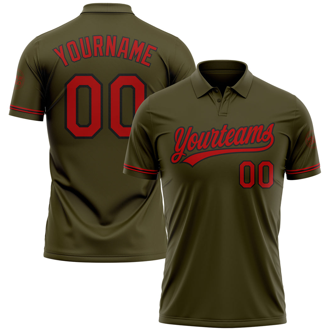 Custom Olive Red-Black Performance Vapor Salute To Service Golf Polo Shirt