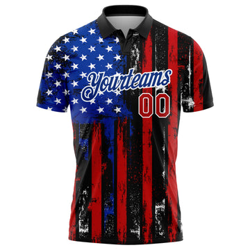 Custom Black Red-Royal 3D Distressed American Flag Performance Golf Polo Shirt