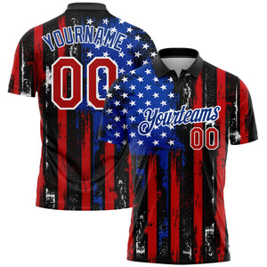 Custom Black Red-Royal 3D Distressed American Flag Performance Golf Polo Shirt