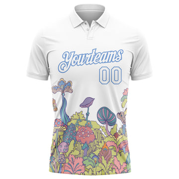 Custom White Light Blue 3D Pattern Design Colorful Flowers And Mushrooms Psychedelic Hallucination Performance Golf Polo Shirt