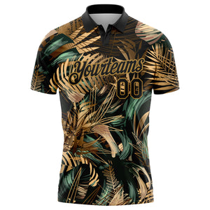 Custom Black Old Gold 3D Pattern Design Golden And Green Tropical Leaves In The Style Of Jungalow And Hawaii Performance Golf Polo Shirt