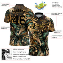 Load image into Gallery viewer, Custom Black Old Gold 3D Pattern Design Golden And Green Tropical Leaves In The Style Of Jungalow And Hawaii Performance Golf Polo Shirt
