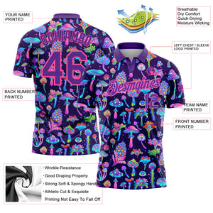 Custom Purple Pink 3D Pattern Design Magic Mushrooms Psychedelic Hallucination Performance Golf Polo Shirt