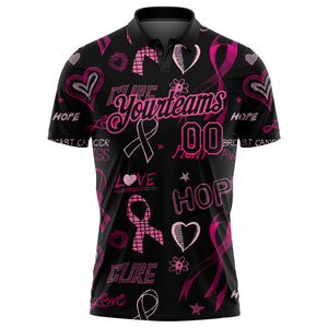 Custom Black Pink 3D Pattern Design Pink Ribbon Breast Cancer Awareness Month Women Health Care Support Performance Golf Polo Shirt