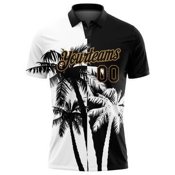 Custom Black White-Old Gold 3D Pattern Design Hawaii Coconut Trees Performance Golf Polo Shirt