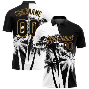 Custom Black White-Old Gold 3D Pattern Design Hawaii Coconut Trees Performance Golf Polo Shirt