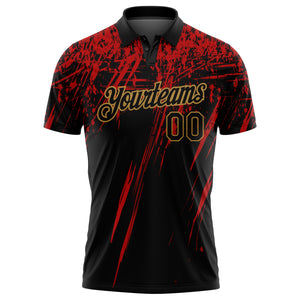 Custom Black Old Gold-Red 3D Pattern Design Sharp Shape Performance Golf Polo Shirt