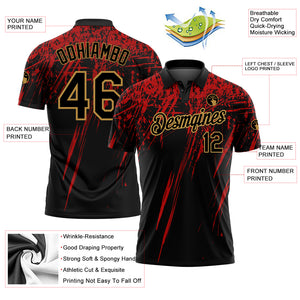 Custom Black Old Gold-Red 3D Pattern Design Sharp Shape Performance Golf Polo Shirt