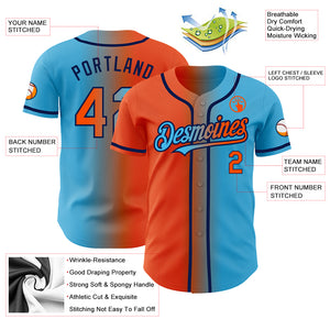 Custom Sky Blue Orange-Navy Authentic Gradient Fashion Baseball Jersey