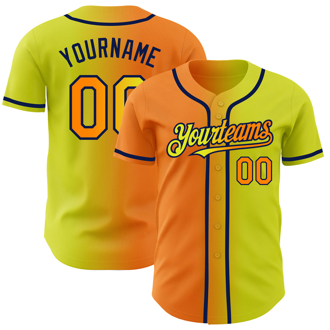 Custom Neon Yellow Bay Orange-Navy Authentic Gradient Fashion Baseball Jersey