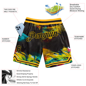 Custom Graffiti Pattern Black-Gold 3D Authentic Basketball Shorts