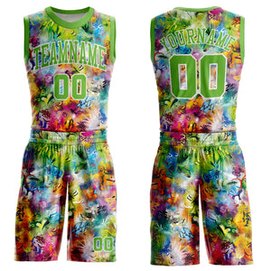 Custom Graffiti Pattern Neon Green-White Round Neck Sublimation Basketball Suit Jersey