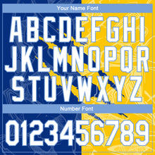 Load image into Gallery viewer, Custom Graffiti Pattern White Yellow Royal-Light Blue 3D Scratch Authentic Baseball Jersey
