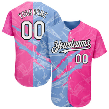 Custom Graffiti Pattern White Pink Light Blue-Black 3D Scratch Authentic Baseball Jersey