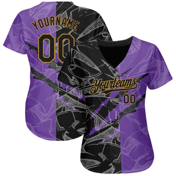 Custom Graffiti Pattern Black Purple-Old Gold 3D Scratch Authentic Baseball Jersey