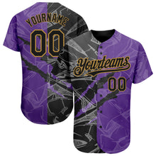 Load image into Gallery viewer, Custom Graffiti Pattern Black Purple-Old Gold 3D Scratch Authentic Baseball Jersey
