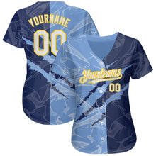 Load image into Gallery viewer, Custom Graffiti Pattern White Navy Light Blue-Yellow 3D Scratch Authentic Baseball Jersey
