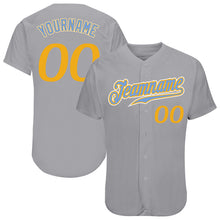 Load image into Gallery viewer, Custom Gray Gold-Light Blue Authentic Baseball Jersey
