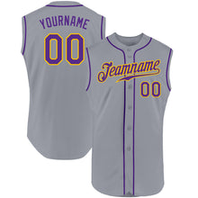 Load image into Gallery viewer, Custom Gray Purple-Gold Authentic Sleeveless Baseball Jersey
