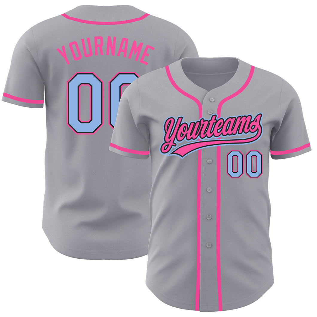 Custom Gray Light Blue Black-Pink Authentic Baseball Jersey