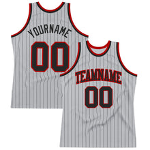 Load image into Gallery viewer, Custom Gray Black Pinstripe Black-Red Authentic Basketball Jersey
