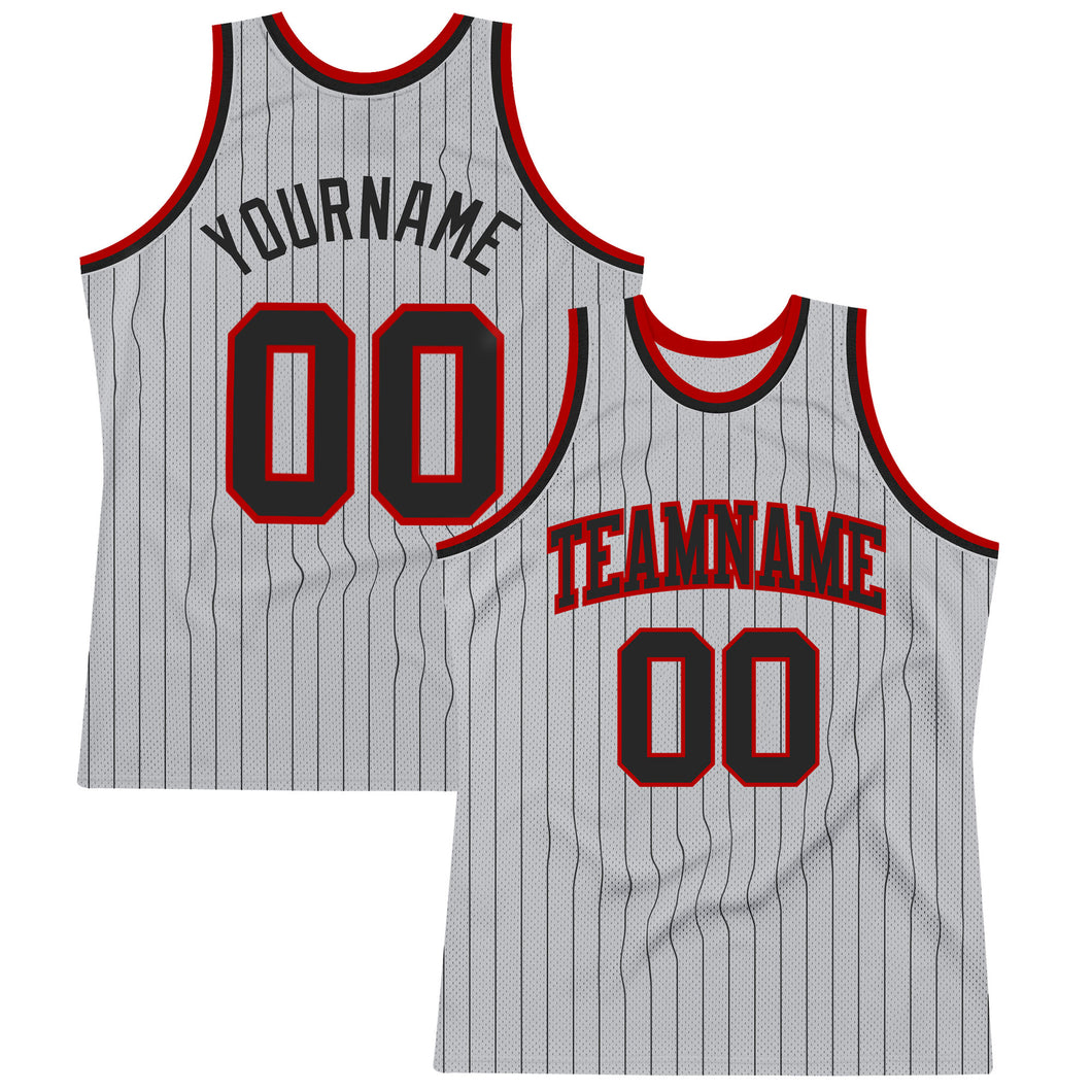 Custom Gray Black Pinstripe Black-Red Authentic Basketball Jersey