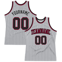 Load image into Gallery viewer, Custom Gray Black Pinstripe Black-Maroon Authentic Basketball Jersey
