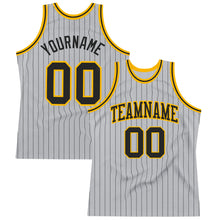 Load image into Gallery viewer, Custom Gray Black Pinstripe Black-Gold Authentic Basketball Jersey
